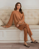Caramel Brown Embroidered Sleeve Tunic & Trousers Set