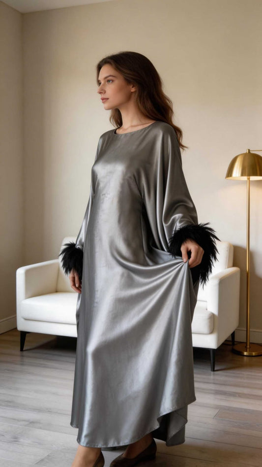 Luxury Satin Kaftan Dress – Grey