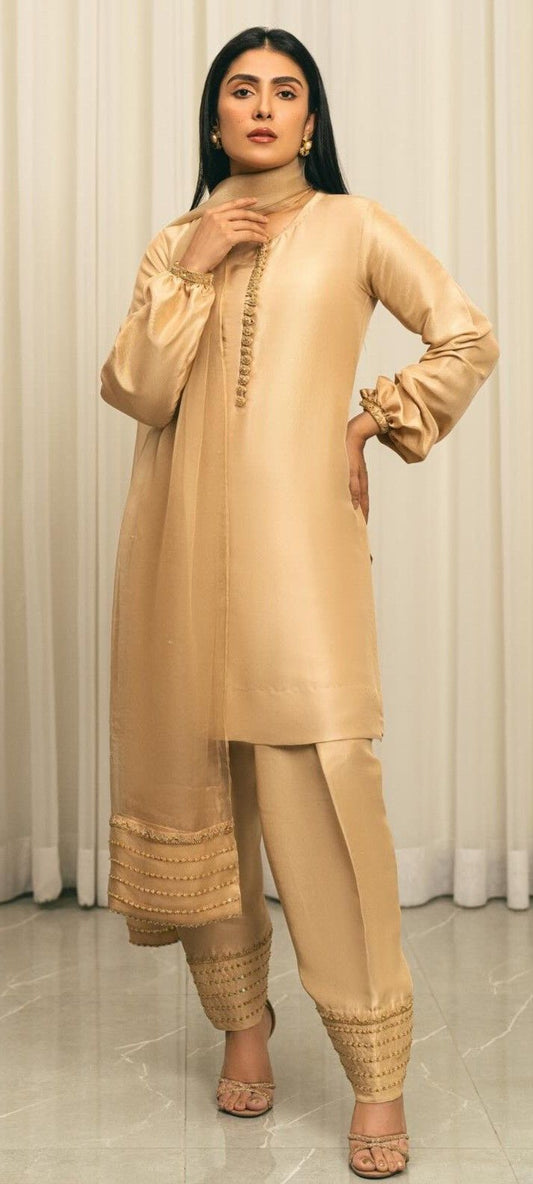 Elegant Beige Embroidered 3-Piece Suit