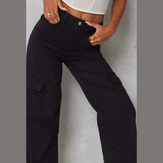 High-Waist Black Straight-Leg Cargo Jeans