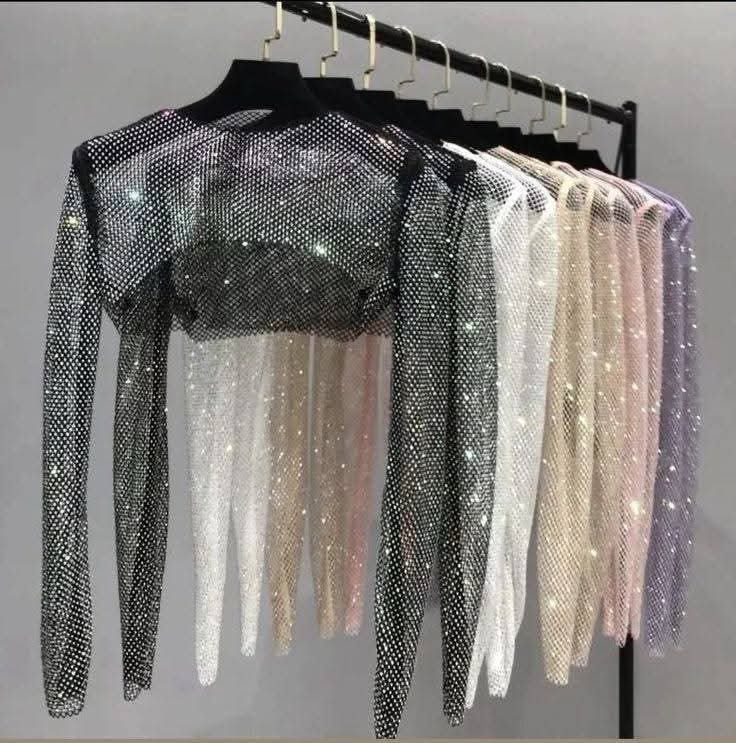 Women's Sparkly Rhinestone Fishnet Sheer Long-Sleeve Crop Top