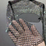 Women's Sparkly Rhinestone Fishnet Sheer Long-Sleeve Crop Top