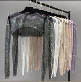 Women's Sparkly Rhinestone Fishnet Sheer Long-Sleeve Crop Top