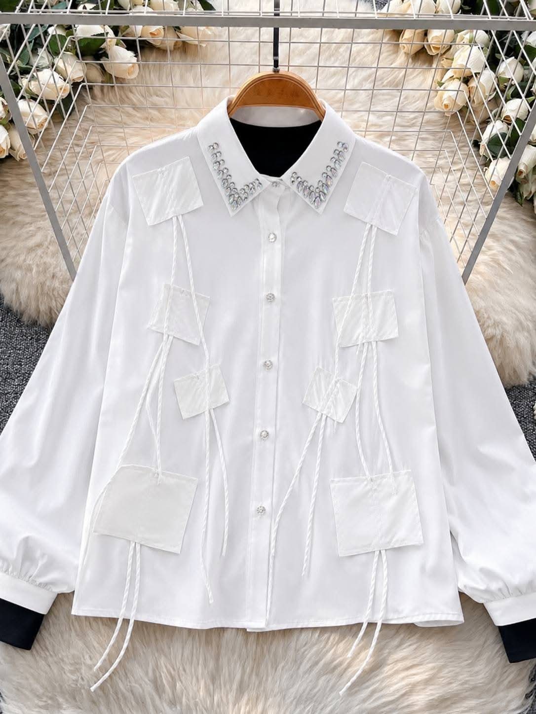 Women's Rhinestone Collar Patchwork Tassel Button-Down Shirt