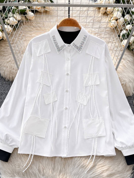 Women's Rhinestone Collar Patchwork Tassel Button-Down Shirt
