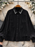 Women's Rhinestone Collar Patchwork Tassel Button-Down Shirt