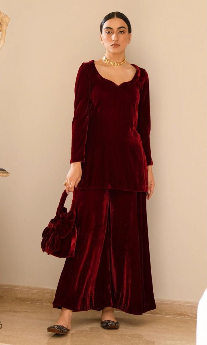 Women’s Deep Maroon Velvet Long Tunic & Wide-Leg Palazzo Set