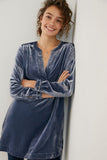 Dusty Slate Blue Crushed Velvet V-Neck Tunic Top