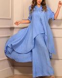 Asymmetric High-Low Linen Tunic & Wide-Leg Palazzo Co-Ord Set