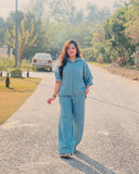 Sea Green Embellished Button-Down Shirt & Wide-Leg Trouser Set