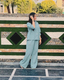 Sea Green Embellished Button-Down Shirt & Wide-Leg Trouser Set