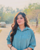 Sea Green Embellished Button-Down Shirt & Wide-Leg Trouser Set