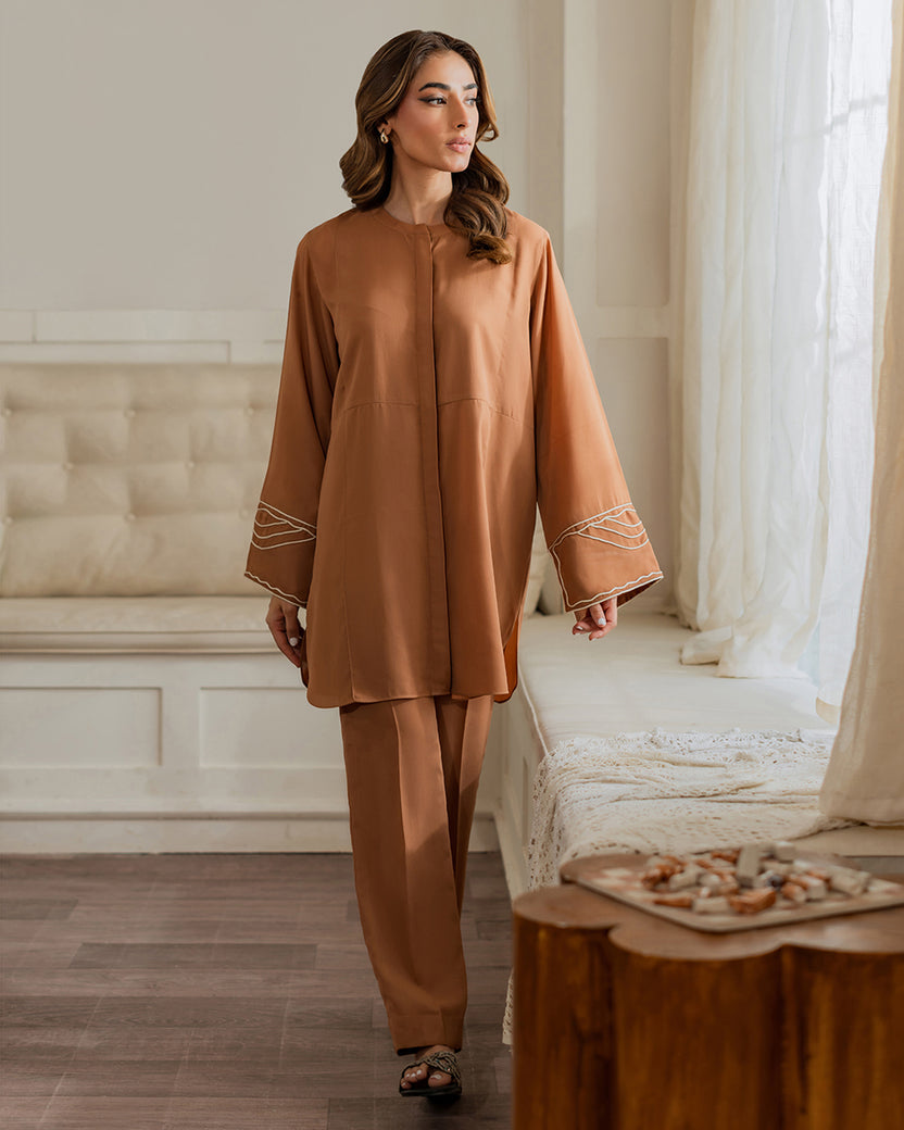 Caramel Brown Embroidered Sleeve Tunic & Trousers Set