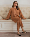 Caramel Brown Embroidered Sleeve Tunic & Trousers Set
