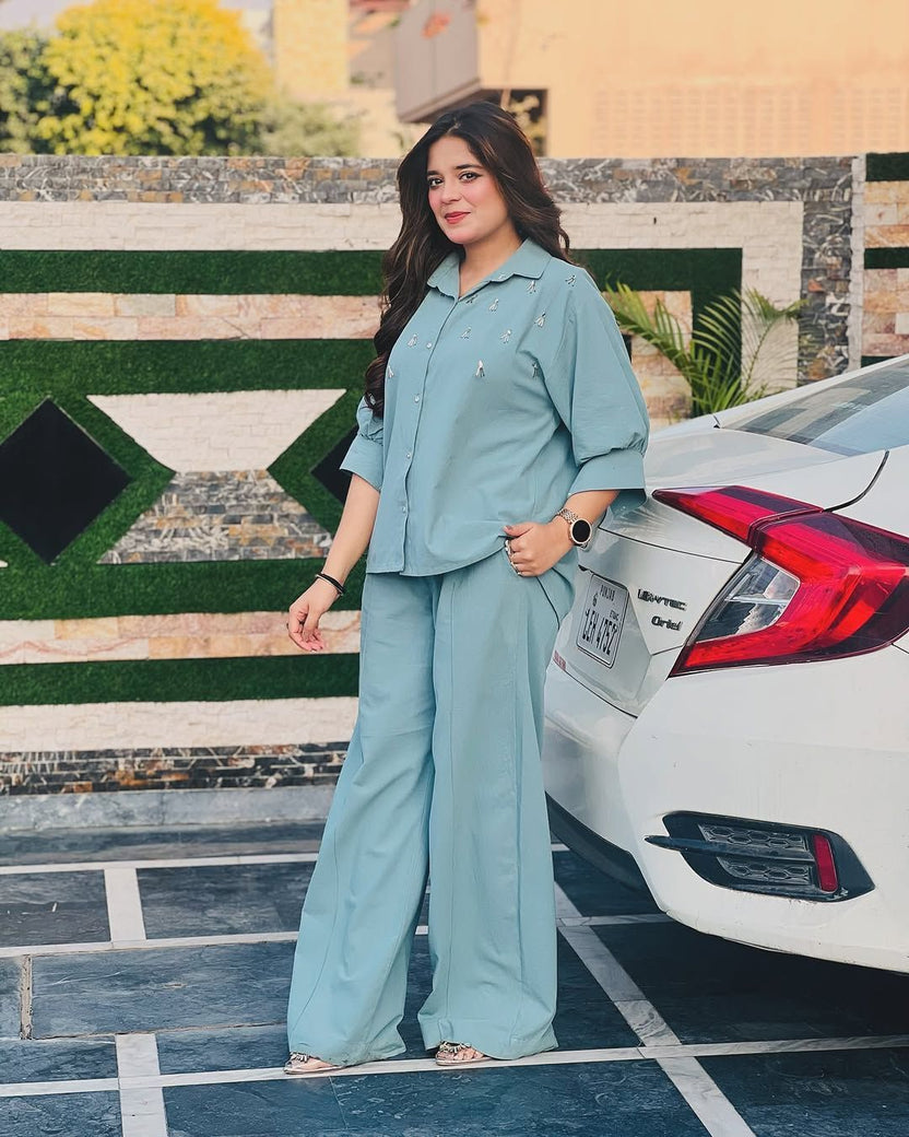 Sea Green Embellished Button-Down Shirt & Wide-Leg Trouser Set