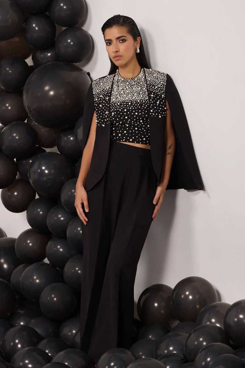 Noir Pearl Embellished 3-Piece Cape Ensemble